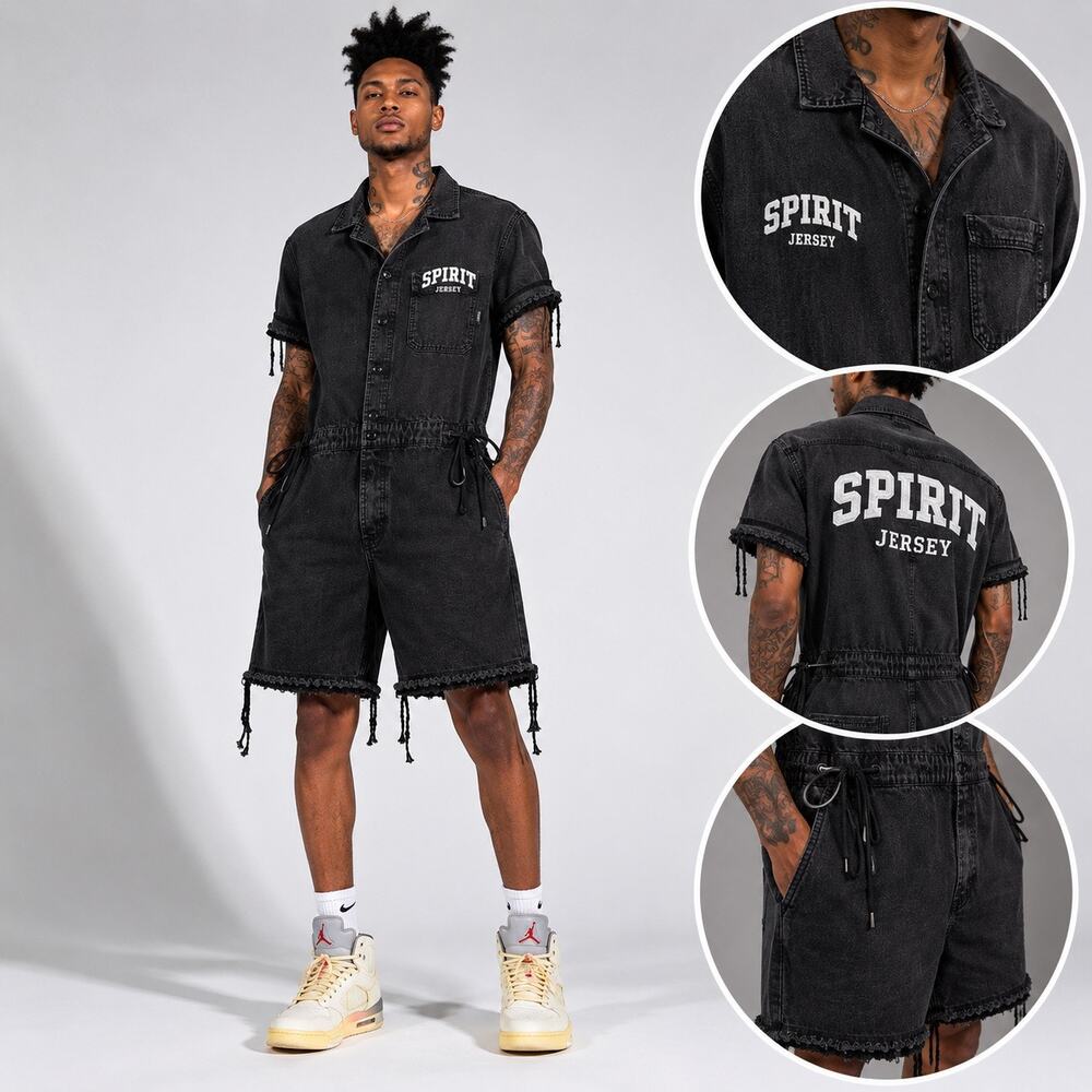 Spirit Jersey Mens Black Utility Denim Romper Distressed Streetwear Size M